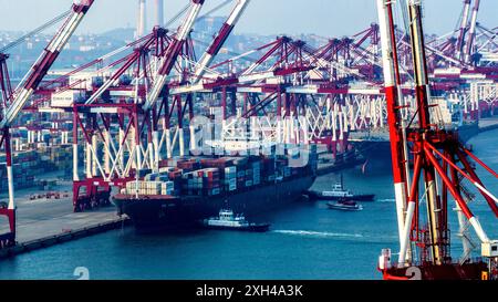 QINGDAO, CINA - 11 LUGLIO 2024 - i container sono caricati e scaricati presso il terminal container di Qianwan del porto di Qingdao, porto di Shandong, Cina, 11 luglio, Foto Stock