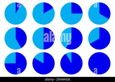 Set di grafici circolari vettoriali con diversi segmenti blu. Grafici a torta blu e azzurro per la visualizzazione dei dati. Raccolta di elementi infografici. Illustrazione Vettoriale