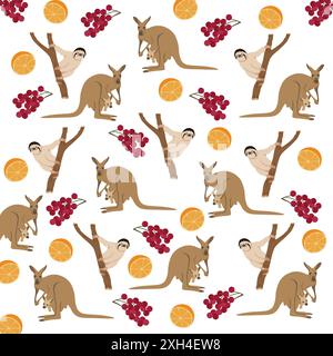 simpatico bradipo, canguro con frutti di bosco, arance come sfondo Illustrazione Vettoriale