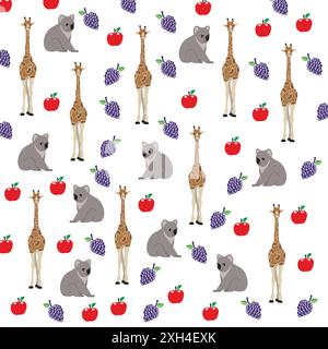 simpatica giraffa, koala con uva e mela come sfondo Illustrazione Vettoriale