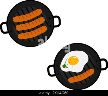 Salsiccia e uovo fritto verde nel grill con manici vista dall'alto. Elementi di design delle carte culinarie. Set di 2 poster isolati Vector Food, menu, banner, brochure, prezzo, etichetta o web, idea promozionale Illustrazione Vettoriale