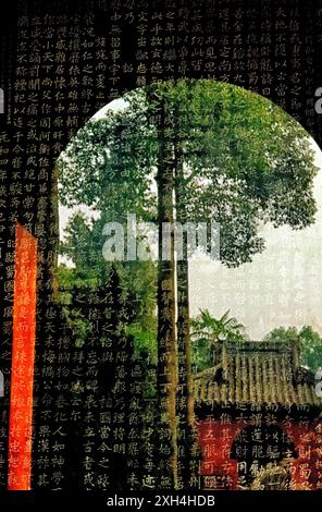 Wu Hou Santuario, Chengdu, in Cina. Il famoso codolo Tablet pietra stele di calligrafia. Il giardino del tempio si riflette nel vetro di copertura Foto Stock