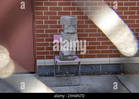 Scena urbana illuminata dal sole - blocchi di cemento impilati su una sedia rosa contro una parete di mattoni rossi - effetto flare della lente. Presa a Toronto, Canada. Foto Stock