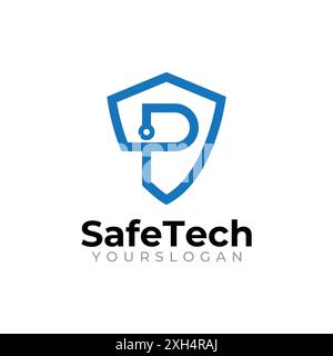 P modello di logo digitale con protezione con schermo per lettere e tecnologia sicura Illustrazione Vettoriale