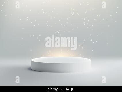 Podio bianco 3D illuminato da riflettore su sfondo bianco per Modern Celebration Concept e Product display Showcase Illustrazione Vettoriale