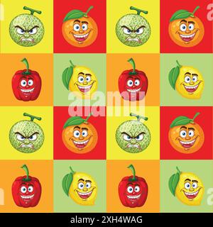 Allegri ed espressivi personaggi di frutta in una griglia Illustrazione Vettoriale