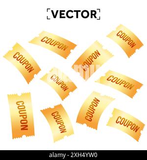 coupon 3d flying golden con codice coupon, isolati su sfondo bianco. Buoni Rain of Yellow. Voucher 3d per promozione speciale, prezzo scontato per l'evento. Illustrazione vettoriale. Illustrazione vettoriale Illustrazione Vettoriale
