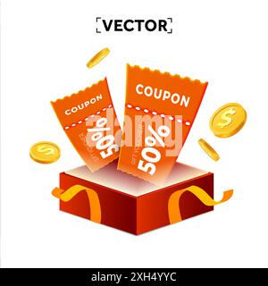 buoni 3d che saltano dalla confezione regalo aperta con nastri effetto coriandoli isolati sullo sfondo. Codice coupon a sorpresa con percentuale di sconto. Voucher cash back e banner sconto. Illustrazione vettoriale 3D. Illustrazione vettoriale Illustrazione Vettoriale