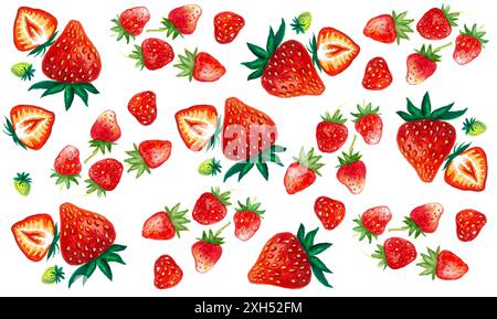 Fragole. Disegno ad acquerello. Sfondo bianco. Bacche di forme diverse, hanno foglie. Alcune bacche sono tagliate a metà, altre sono unr Foto Stock