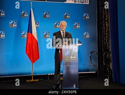 Washington, Stati Uniti. 12 luglio 2024. Il presidente ceco Petr Pavel parla alla conferenza stampa finale dopo l'incontro dei leader dell'Organizzazione del Trattato del Nord Atlantico (NATO), tenutosi a Washington, USA, il 12 luglio 2024. Crediti: Marek Opatrny/CTK Photo/Alamy Live News Foto Stock