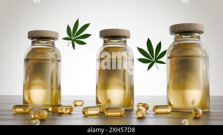 Un rendering 3D raffigura foglie di cannabis accanto a una bottiglia di olio di cannabis. T Foto Stock