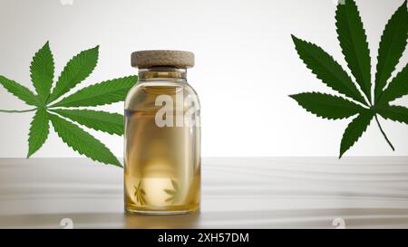 Un rendering 3D raffigura foglie di cannabis accanto a una bottiglia di olio di cannabis. T Foto Stock