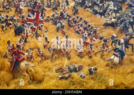 Modello di battaglia di Waterloo con truppe Napoleone in miniatura di stagno Foto Stock