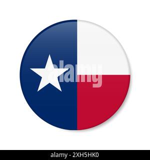 Icona del pulsante cerchio della bandiera del Texas, badge rotondo dello stato degli Stati Uniti con ombra. Illustrazione realistica 3D isolata su bianco. Foto Stock