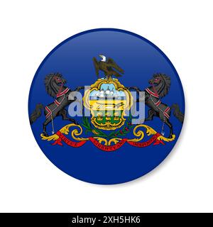 Icona pulsante cerchio bandiera Pennsylvania, badge rotondo stato USA con ombra. Illustrazione realistica 3D isolata su bianco. Foto Stock