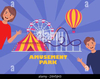 Parco divertimenti con circo, montagne russe e ruota panoramica. Bambini felici che si divertono. Modello di banner per poster per la pubblicità nei parchi di divertimento. Illustrazione Vettoriale