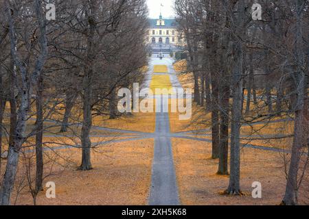 Vicolo vuoto coperto da fogliame nel parco autunnale Foto Stock