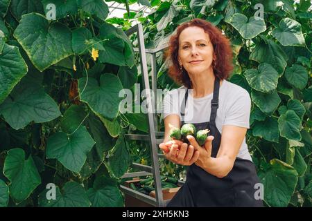 Ritratto di lavoratrice caucasica adulta in serra con cetrioli appena raccolti e verdure in mano. Giardiniere amatoriale accanto al letto di piante Foto Stock