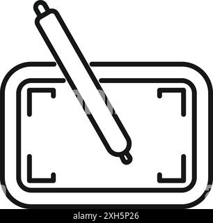 Icona line art semplice e moderna di un tablet grafico e stilo, perfetta per rappresentare l'arte digitale e i concetti di design Illustrazione Vettoriale