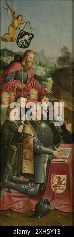 Pannello commemorativo con otto ritratti maschili, probabilmente Willem Jelysz van Soutelande and Family, con San Giacomo il grande e il Van Soutelande Family Crest, ala sinistra interna di una pala d'altare dipinto di Meester van Alkmaar Foto Stock