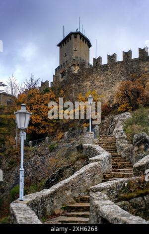 San Marino Guaita tower with stairs leading to the castle Stock Photo