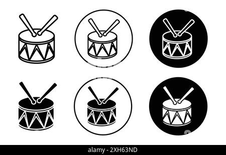 Icona tamburo simbolo vettoriale o set di segni con contorno bianco e nero Illustrazione Vettoriale