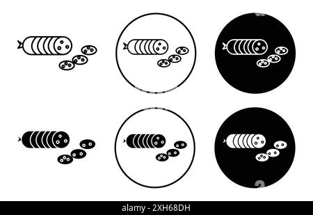 Icona del salame di salsiccia simbolo vettoriale o set di insegne con contorno bianco e nero Illustrazione Vettoriale