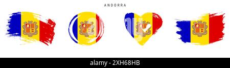 Set di icone di bandiera in stile grunge disegnate a mano da Andorra. Striscione andorrana a colori ufficiali. Forma libera del pennello, forma circolare e a cuore. Illustrazione piatta Foto Stock