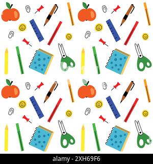 Colorato e giocoso motivo di forniture scolastiche per progetti e decorazioni per bambini Illustrazione Vettoriale