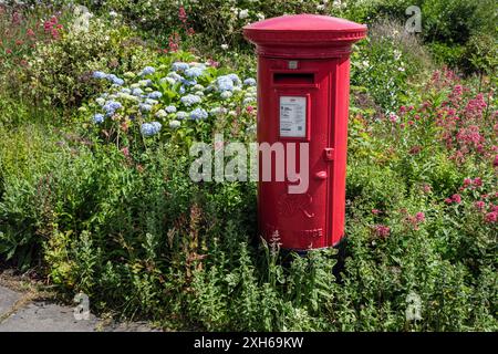 Una cassetta postale rossa britannica George vi circondata da graziosi fiori, Blaenafon, Galles del Sud. Commercial Street, Blaenafon, Torfaen, Galles del Sud, Regno Unito Foto Stock