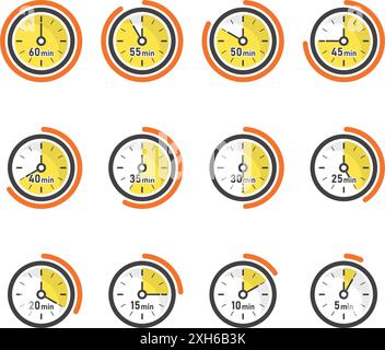 Da 5 minuti a 60 minuti sull'icona del cronometro in stile piatto. Illustrazione vettoriale del timer del quadrante dell'orologio su sfondo isolato. Conto alla rovescia firma affari con Illustrazione Vettoriale