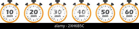 Da 10 minuti a 60 minuti sull'icona del cronometro in stile piatto. Illustrazione vettoriale del timer del quadrante dell'orologio su sfondo isolato. Conto alla rovescia firma business co Illustrazione Vettoriale