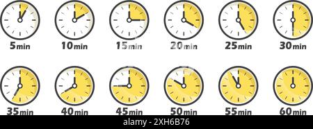 Da 5 minuti a 60 minuti sull'icona del cronometro in stile piatto. Illustrazione vettoriale del timer del quadrante dell'orologio su sfondo isolato. Conto alla rovescia firma affari con Illustrazione Vettoriale