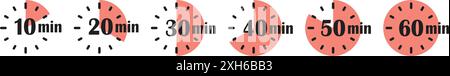 Da 10 minuti a 60 minuti sull'icona del cronometro in stile piatto. Illustrazione vettoriale timer quadrante orologio su sfondo isolato. Conto alla rovescia segno business co Illustrazione Vettoriale