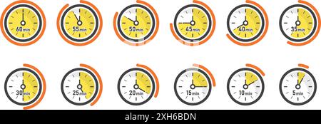 Da 5 minuti a 60 minuti sull'icona del cronometro in stile piatto. Illustrazione vettoriale del timer del quadrante dell'orologio su sfondo isolato. Conto alla rovescia firma affari con Illustrazione Vettoriale