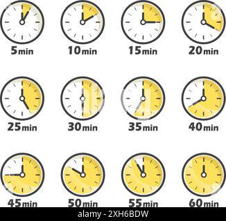 Da 5 minuti a 60 minuti sull'icona del cronometro in stile piatto. Illustrazione vettoriale del timer del quadrante dell'orologio su sfondo isolato. Conto alla rovescia firma affari con Illustrazione Vettoriale