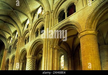 La Cattedrale di Durham interno mostra medievale massicce colonne in pietra e gli archi della navata. Contea di Durham, Inghilterra. Foto Stock