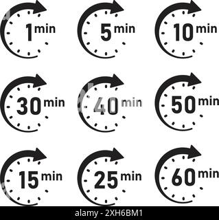 Da 1 minuto a 60 minuti sull'icona del cronometro in stile piatto. Illustrazione vettoriale timer quadrante orologio su sfondo isolato. Countdown sign business conc Illustrazione Vettoriale
