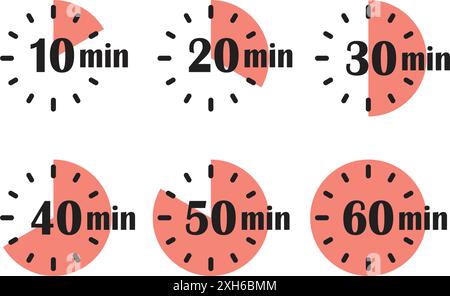 Da 10 minuti a 60 minuti sull'icona del cronometro in stile piatto. Illustrazione vettoriale timer quadrante orologio su sfondo isolato. Conto alla rovescia segno business co Illustrazione Vettoriale