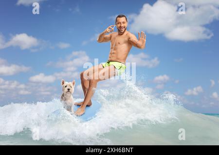 Ritratto completo di un uomo con un cane che cavalca una tavola da surf in mare e fa una telefonata Foto Stock