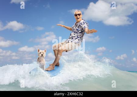 Uomo anziano in sella a una tavola da surf in mare con un cane Foto Stock