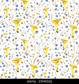 I funghi chanterelle commestibili della foresta sono gialli con mirtilli, foglie autunnali e aghi di pino. Illustrazione acquerello, disegnata a mano. Ripetizione senza cuciture Foto Stock