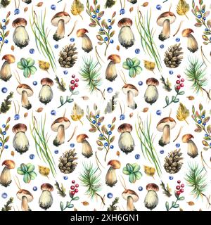 Funghi di bolo commestibili della foresta con mirtilli, lingonberries, ramoscelli, coni, erba e foglie autunnali. Illustrazione acquerello, disegnata a mano. Senza interruzioni Foto Stock