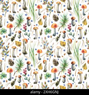 Funghi di bolo commestibili della foresta con mirtilli, lingonberries, ramoscelli, coni, erba e foglie autunnali. Illustrazione acquerello, disegnata a mano. Senza interruzioni Foto Stock