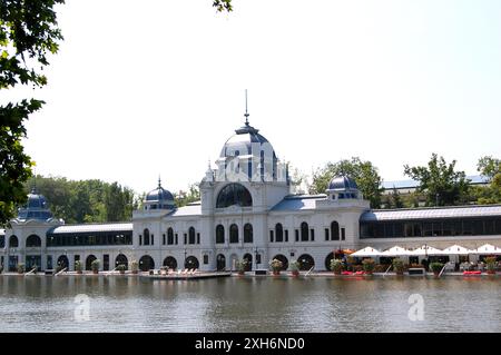 A beautiful historic building by the lake in Budapest, Hungary on a sunny day. Foto Stock