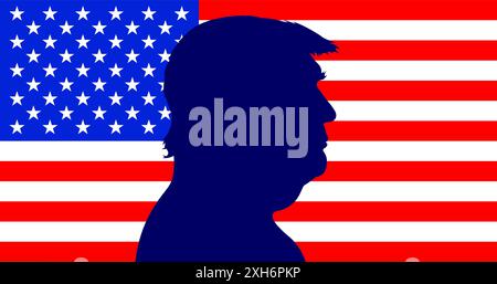 USA, anno 2024, Donald Trump ritratto di silhouette sulla bandiera degli Stati Uniti, Stati Uniti, illustrazione Foto Stock