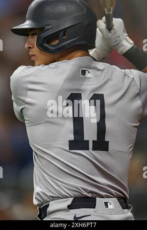 St. Petersburg, Florida, Stati Uniti. 11 luglio 2024. L'interbase dei New York Yankees Anthony Volpe (11) attende nel cerchio sul ponte durante una partita della MLB contro i Tampa Bay Rays venerdì 28 giugno 2024 al Tropicana Field. I Rays batterono gli Yankees 5-4. (Credit Image: © Kim Hukari/ZUMA Press Wire) SOLO PER USO EDITORIALE! Non per USO commerciale! Foto Stock