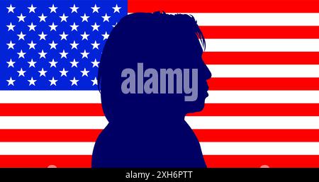 USA, anno 2024, Kamala Harris, Stati Uniti, ritratto del profilo, silhouette sulla bandiera americana, illustrazione Foto Stock