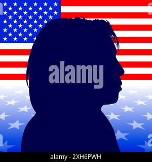 USA, anno 2024, Kamala Harris, Stati Uniti, ritratto del profilo, silhouette sulla bandiera americana, illustrazione Foto Stock