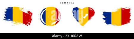 Set di icone di bandiera in stile grunge disegnato a mano dalla Romania. Striscione rumeno a colori ufficiali. Forma libera del pennello, forma circolare e a cuore. Illustrazione piatta Foto Stock